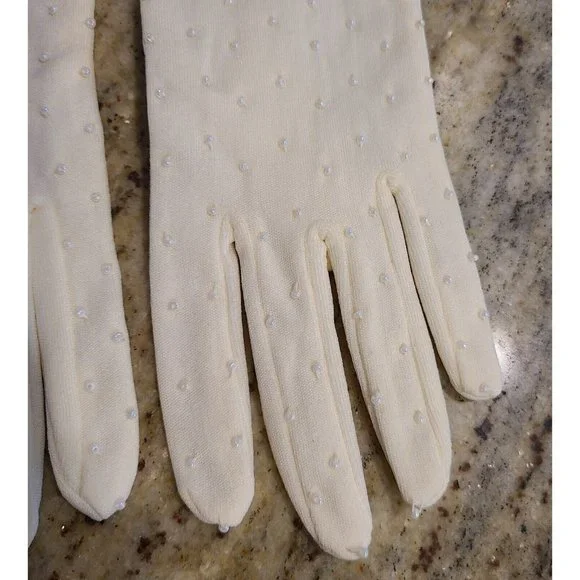 New? Vintage One Size Fits Cream Stretch Nylon Formal 8" Gloves Silver Tone Bead - Picture 3 of 16